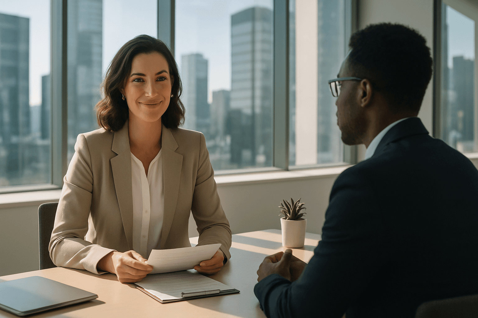 Recruiter interviewing a candidate in a modern office — best recruiting tools