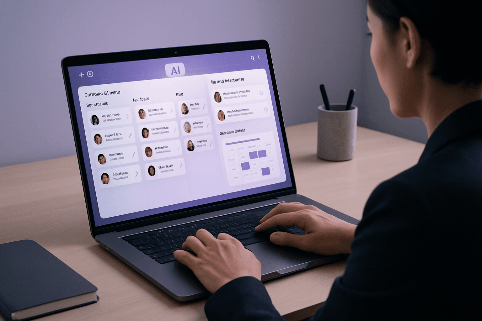 Recruiter using a laptop with AI embedded directly inside the recruiting workflow software