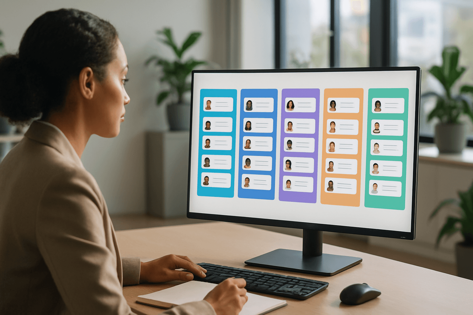 HR professional reviewing a recruitment pipeline dashboard on a monitor — applicant tracking system