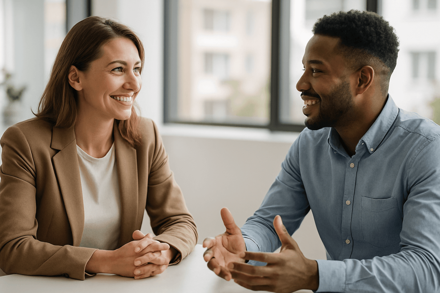 A recruiter and candidate having a genuine conversation in a modern office setting
