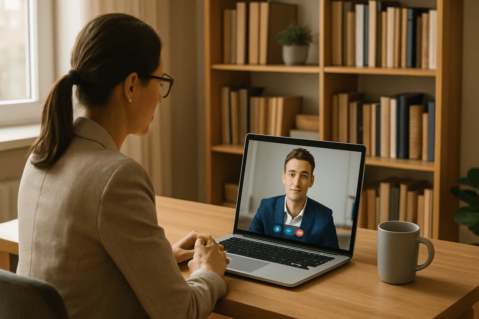 Recruiter conducting a remote video interview on a laptop from a home office — best tools for remote recruitment