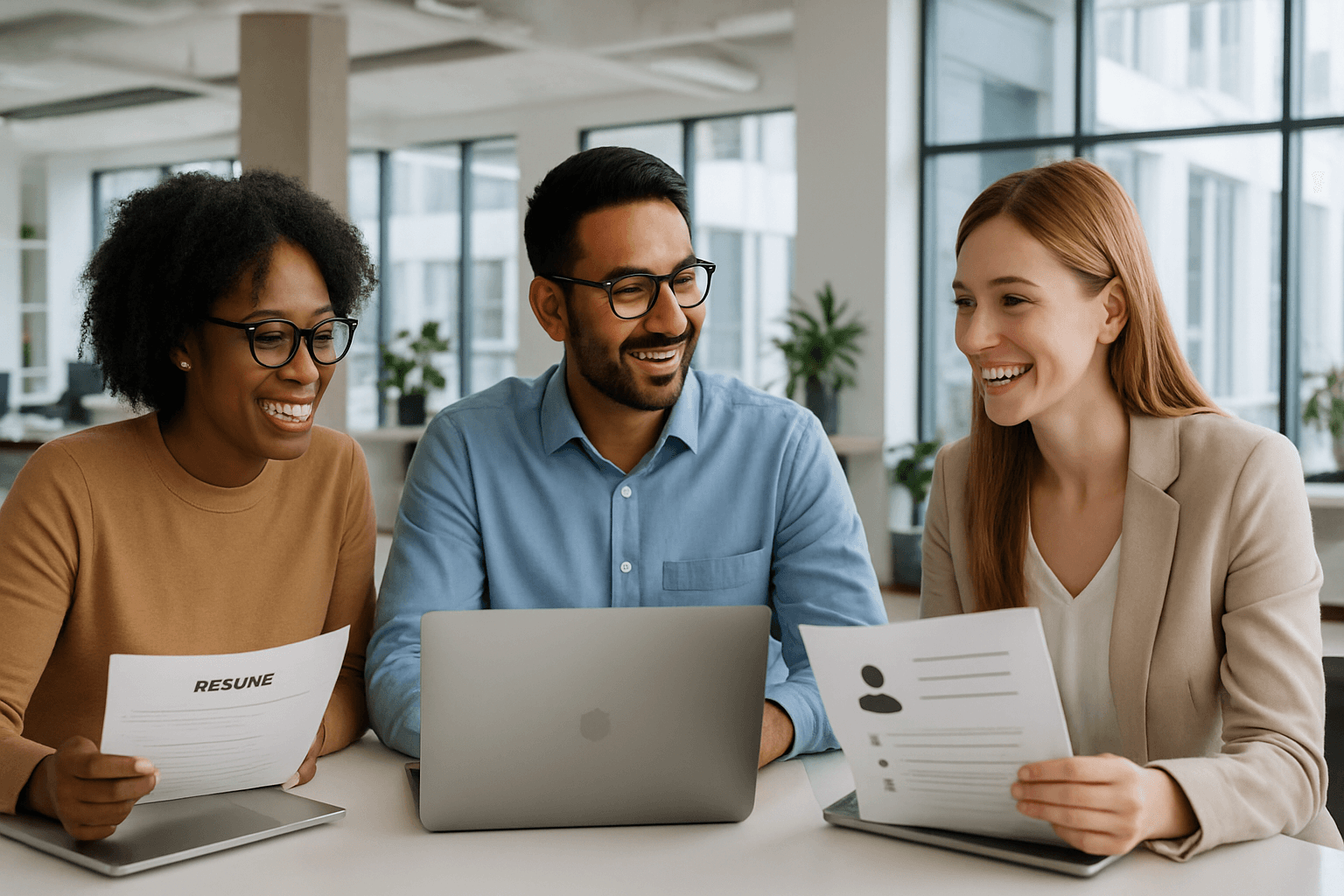 Diverse team of recruiters collaborating around a table discussing sourcing strategy